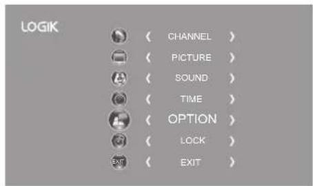 LOGIK ( CHANNEL ) ( PICTURE ) ( SOUND ) ( TIME ) ( OPTION ) ( LOCK ) ( EXIT )