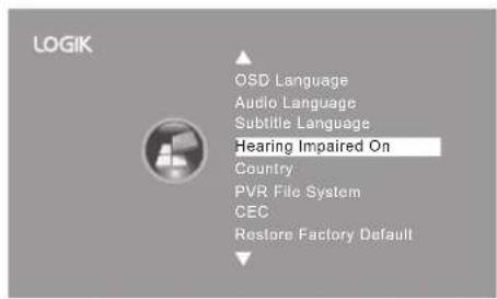 LOGIK OSD Language Audio Language Subtitle Language Hearing Impaired On Country PVR File System CEC Restore Factory Default