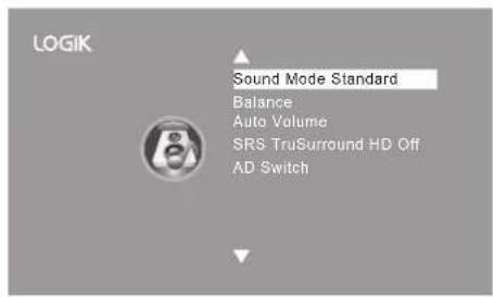 LOGIK Sound Mode Standard Balance Auto Volume SRS TruSurround HD Off AD Switch