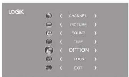 LOGIK ( CHANNEL ) ( PICTURE ) ( SOUND ) ( TIME ) ( OPTION ) ( LOCK ) ( EXIT )