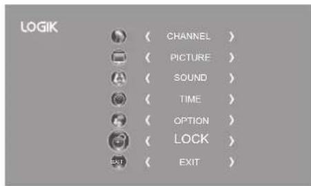LOGIK ( CHANNEL ) ( PICTURE ) ( SOUND ) ( TIME ) ( OPTION ) ( LOCK ) ( EXIT )