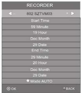 RECORDER 802 SZTVM03 Start Time 59 Minute 19 Hour Dec Month 29 Date End Time 29 Minute 20 Hour Dec Month 29 Date ★ Mode AUTO OK BACK