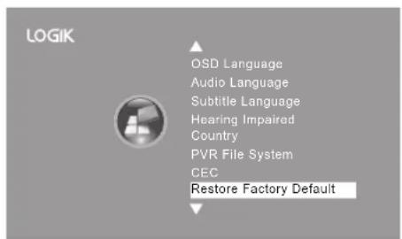 LOGIK OSD Language Audio Language Subtitle Language Hearing Impaired Country PVR File System CEC Restore Factory Default