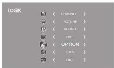LOGIK CHANNEL > PICTURE > SOUND > TIME > OPTION > LOCK > EXIT >