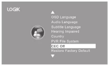 LOGIK OSD Language Audio Language Subtitle Language Hearing Impaired Country PVR File System CEC Off Restore Factory Default