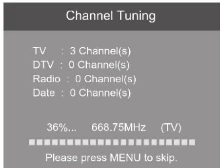 Channel Tuning TV : 3 Channel(s) DTV : 0 Channel(s) Radio : 0 Channel(s) Date : 0 Channel(s) 36%... 668.75MHz (TV) Please press MENU to skip.