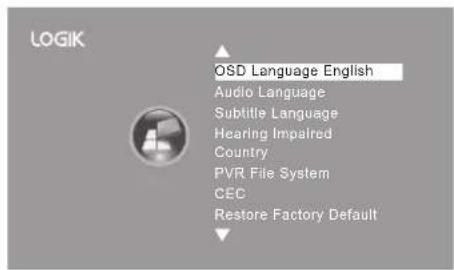 LOGIK OSD Language English Audio Language Subtitle Language Hearing Impaired Country PVR File System CEC Restore Factory Default