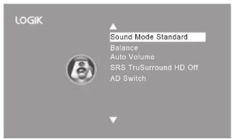LOGIK Sound Mode Standard Balance Auto Volume SRS TruSurround HD Off AD Switch