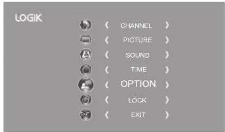 LOGIK CHANNEL > PICTURE > SOUND > TIME > OPTION > LOCK > EXIT >