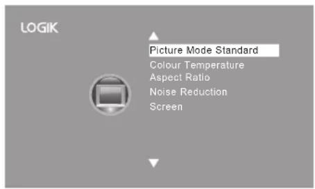 LOGIK Picture Mode Standard Colour Temperature Aspect Ratio Noise Reduction Screen