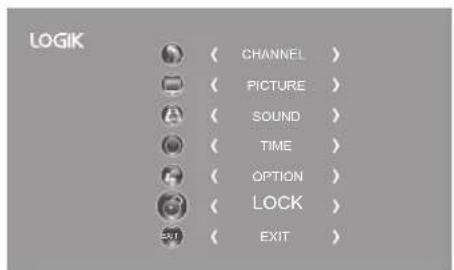 LOGIK ( CHANNEL ) ( PICTURE ) ( SOUND ) ( TIME ) ( OPTION ) ( LOCK ) ( EXIT )