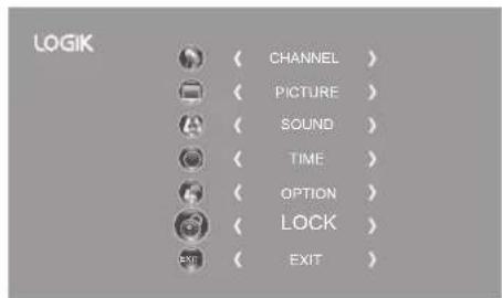 LOGIK ( CHANNEL ) ( PICTURE ) ( SOUND ) ( TIME ) ( OPTION ) ( LOCK ) ( EXIT ) ( EXIT )