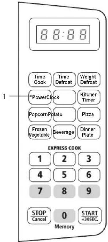 8:8:8 Time Cook Time Defrost Weight Defrost *PowerClock Kitchen Timer PopcornPotato Pizza Frozen Vegetable Beverage Dinner Plate EXPRESS COOK 1 2 3 4 5 6 7 8 9 STOP Cancel 0 START +30SEC. Memory