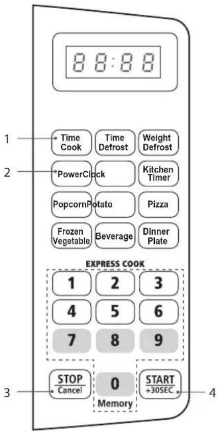 8:8:8 1 Time Cook Time Defrost Weight Defrost 2 PowerClock Kitchen Timer Popcorn Potato Pizza Frozen Vegetable Beverage Dinner Plate EXPRESS COOK 1 2 3 4 5 6 7 8 9 STOP Cancel 0 START +30SEC. Memory 3 4
