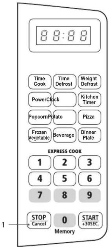 8:8:8 Time Cook Time Defrost Weight Defrost PowerClock Kitchen Timer PopcornPotato Pizza Frozen Vegetable Beverage Dinner Plate EXPRESS COOK 1 2 3 4 5 6 7 8 9 STOP Cancel 0 START +30SEC. Memory 1