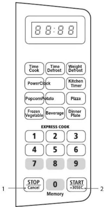 8:8:8:8 Time Cook Time Defrost Weight Defrost PowerClock Kitchen Timer PopcornPotato Pizza Frozen Vegetable Beverage Dinner Plate EXPRESS COOK 1 2 3 4 5 6 7 8 9 STOP 0 START Cancel +30SEC. Memory