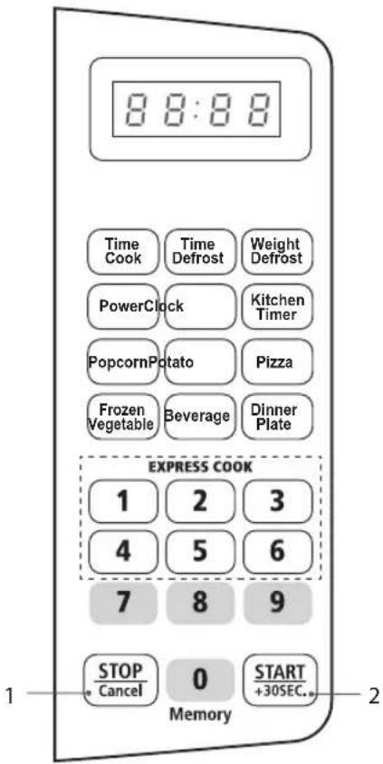 8:8:88 Time Cook Time Defrost Weight Defrost PowerClock Kitchen Timer Popcorn Potato Pizza Frozen Vegetable Beverage Dinner Plate EXPRESS COOK 1 2 3 4 5 6 7 8 9 STOP Cancel 0 START +30SEC. Memory 1 2