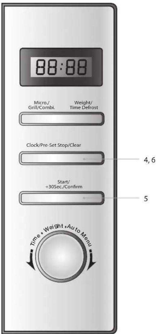 88:88 Micro./ Grill/Combi. Weight/ Time Defrost Clock/Pre-Set Stop/Clear 4,6 Start/ +30Sec./Confirm 5 Time • Weight • Auto Menu