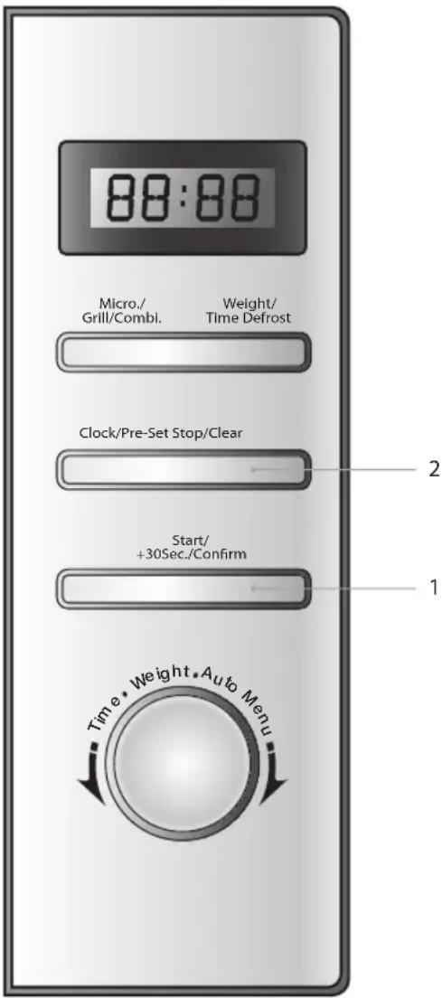 88:88 Micro./ Grill/Combl. Weight/ Time Defrost Clock/Pre-Set Stop/Clear Start/ +30Sec./Confirm 2 1 Time • Weight • Auto Menu