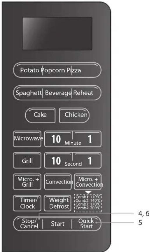 Potato Popcorn Pizza Spaghetti Beverage Reheat Cake Chicken Microwave 10 Minute 1 Grill 10 Second 1 Micro. + Grill Convection Micro. + Convection Timer/ Clock Weight Defrost Comb1: 110°C Comb2: 140°C Comb3: 170°C Comb4: 200°C Stop/ Cancel Start Quick Start 4,6 5