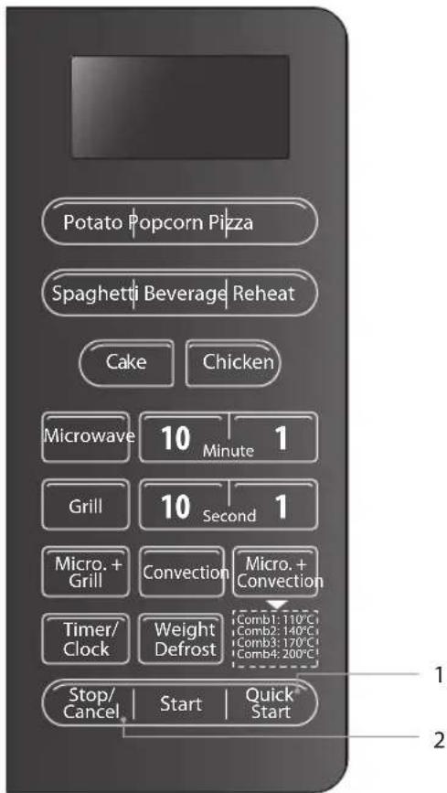 Potato Popcorn Pizza Spaghetti Beverage Reheat Cake Chicken Microwave 10 Minute 1 Grill 10 Second 1 Micro. + Grill Convection Micro. + Convection Timer/ Clock Weight Defrost Comb1: 110°C Comb2: 140°C Comb3: 170°C Comb4: 200°C Stop/ Cancel Start Quick* Start 1 2