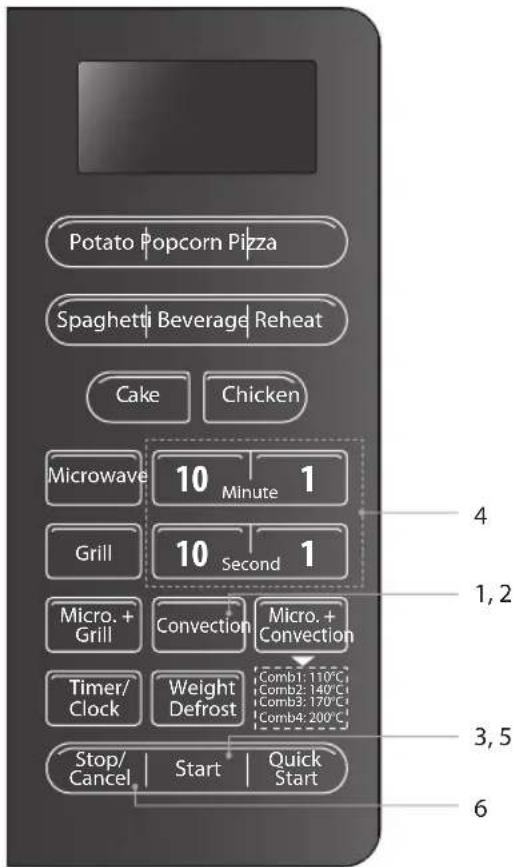 Potato Popcorn Pizza Spaghetti Beverage Reheat Cake Chicken Microwave 10 Minute 1 Grill 10 Second 1 Micro. + Grill Convection Micro. + Convection Timer/ Clock Weight Defrost Comb1: 110°C Stop/ Cancel Start Quick Start 4 1,2 3,5 6