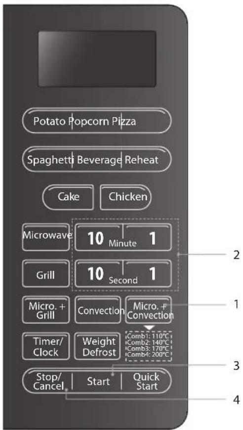 Potato Popcorn Pizza Spaghetti Beverage Reheat Cake Chicken Microwave 10 Minute 1 Grill 10 Second 1 Micro. + Grill Convection Micro. + Convection Timer/ Clock Weight Defrost Comb1: 110°C Comb2: 140°C Comb3: 170°C Comb4: 200°C Stop/ Cancel Start Quick Start 2 1 3 4