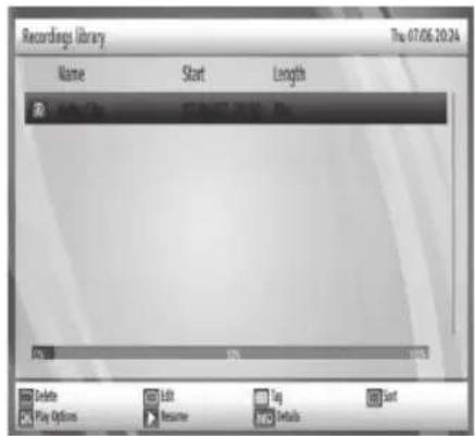 Recordings Library The 07/06 20:24 Name Start Length © Delete Play Options Edit Tag Resume Next Details End