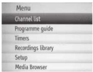 Menu Channel List Programme guide Timers Recordings library Setup Media Browser