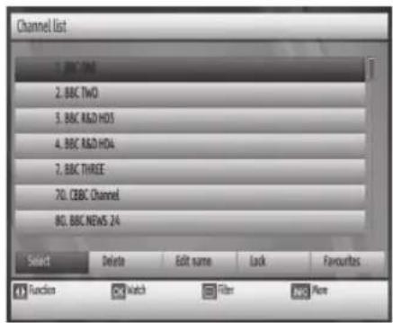 Channel list 1. BBC ONE 2. BBC TWO 3. BBC R&D H05 4. BBC R&D HD4 7. BBC THREE 70. BBC Channel 80. BBC NEWS 24 Select Delete Edit name Lock Favourites Functions Watch Filter More
