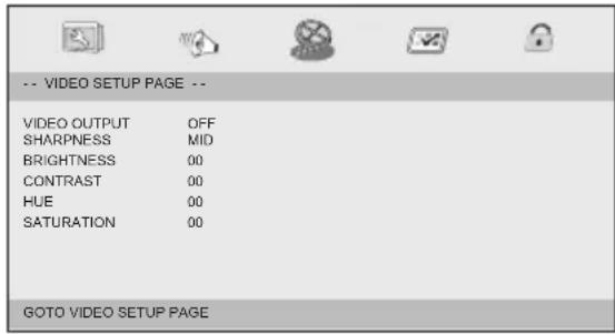 -- VIDEO SETUP PAGE -- VIDEO OUTPUT OFF SHARPNESS MID BRIGHTNESS 00 CONTRAST 00 HUE 00 SATURATION 00 GOTO VIDEO SETUP PAGE