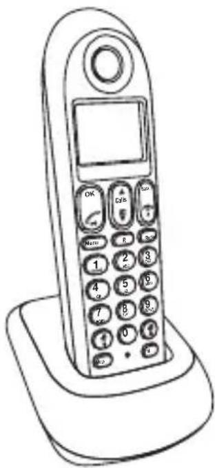 Line drawing of a classic mobile phone with keypad, display screen, and control buttons