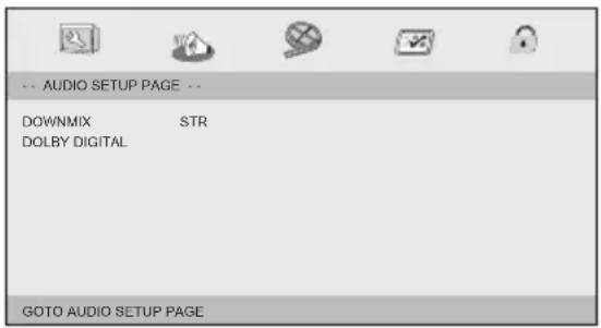 -- AUDIO SETUP PAGE -- DOWNMIX STR DOLBY DIGITAL GOTO AUDIO SETUP PAGE