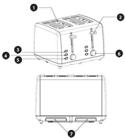 Diagram of a toaster with numbered parts for identification and assembly reference