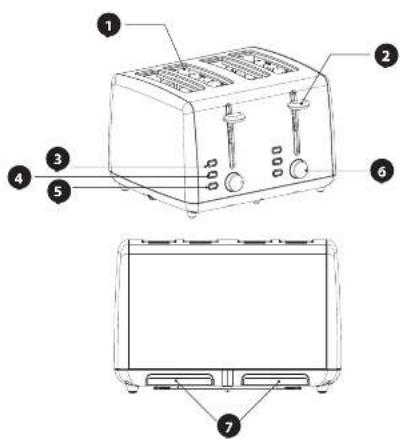 Diagram of a toaster with numbered parts for identification and assembly reference