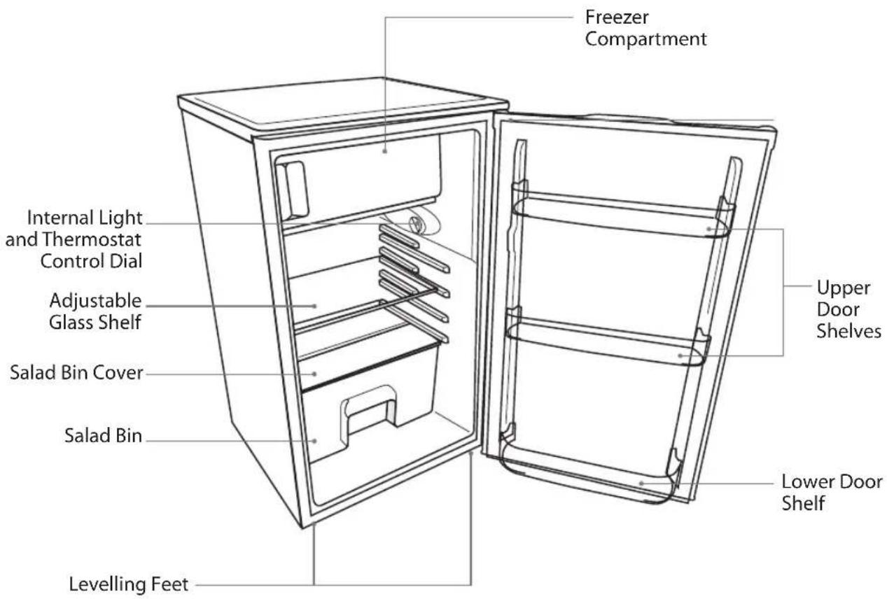 Freezer Compartment Internal Light and Thermostat Control Dial Adjustable Glass Shelf Salad Bin Cover Salad Bin Levelling Feet Upper Door Shelves Lower Door Shelf