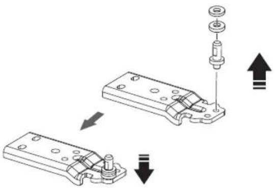 Technical diagram showing mechanical assembly steps with labeled components and directional arrows