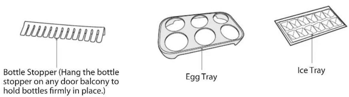 Bottle Stopper (Hang the bottle stopper on any door balcony to hold bottles firmly in place.) Egg Tray Ice Tray