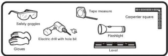 Safety goggles Gloves Electric drill with hole bit Tape measure Carpenter square Flashlight Level