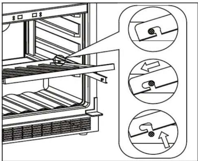 Diagram showing a refrigerator interior with labeled parts and three circular insets illustrating mechanical or electrical components.