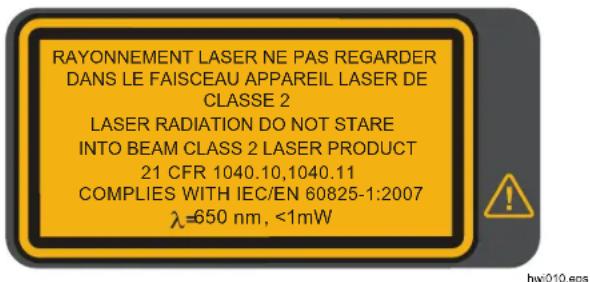 RAYONNEMENT LASER NE PAS REGARDER DANS LE FAISCEAU APPAREIL LASER DE CLASSE 2 LASER RADIATION DO NOT STARE INTO BEAM CLASS 2 LASER PRODUCT 21 CFR 1040.10,1040.11 COMPLIES WITH IEC/EN 60825-1:2007 λ=650 nm, <1mW hw010.eps