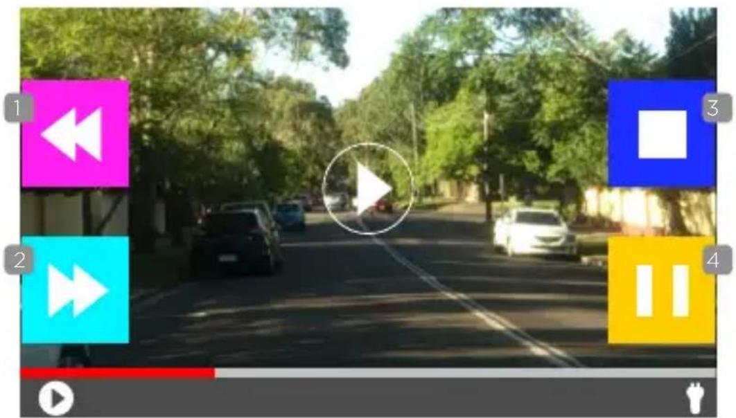 Street photo with visible play button icons and a circular play button overlay, likely from video editing software interface