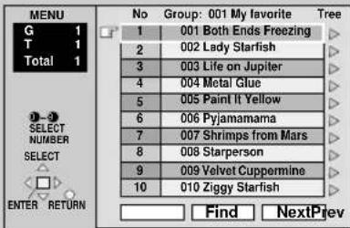 MENU G 1 T 1 Total 1 1-3 SELECT NUMBER SELECT □ □ □ □ ENTER RETURN No Group: 001 My favorite Tree 1 001 Both Ends Freezing 2 002 Lady Starfish 3 003 Life on Jupiter 4 004 Metal Glue 5 005 Paint It Yellow 6 006 Pyjamamama 7 007 Shrimps from Mars 8 008 Starperson 9 009 Velvet Cuppermine 10 010 Ziggy Starfish Find NextPiev