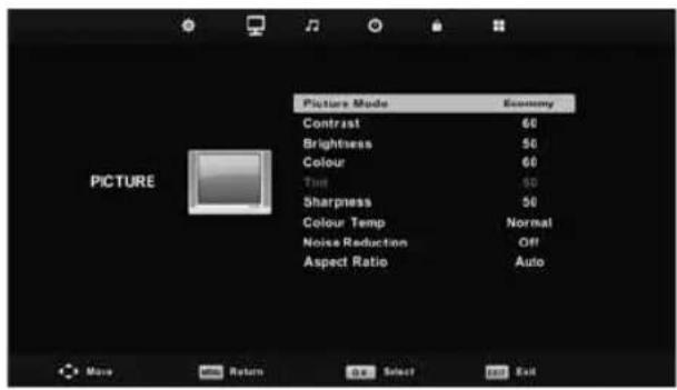 Picture Mode Economy Contrast 60 Brightness 50 Colour 60 True 50 Sharpness 50 Colour Temp Normal Noise Reduction Off Aspect Ratio Auto Picture