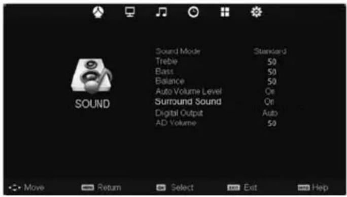 Sound Mode Treble Bass Balance Auto Volume Level Surround Sound Digital Output AD Volume Standard 50 50 50 Or Orl Auto 50 • Move Return Select Exit Help