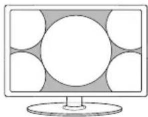 Illustration of a computer monitor with a circular screen and six abstract geometric patterns on the sides (no text or symbols)