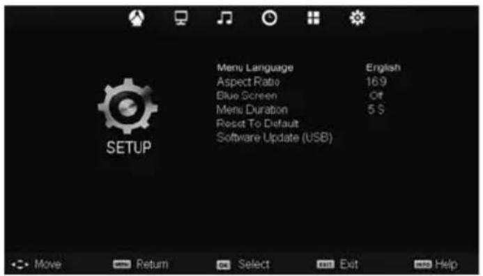Menu Language Aspect Ratio Blue Screen Menu Duration Reset To Default Software Update (USB) English 16.9 Off 5 S SETUP Move Return Select Exit Help