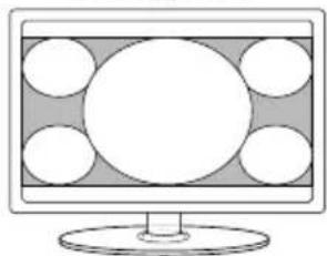 Illustration of a computer monitor with a central blank screen and surrounding circular elements (no text or symbols)