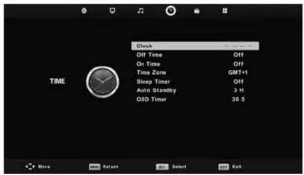 Clock Off Time Off On Time Off Time Zone GMT+1 Sleep Timer Off Auto Stadsby 3 H OSD Timer 30 S