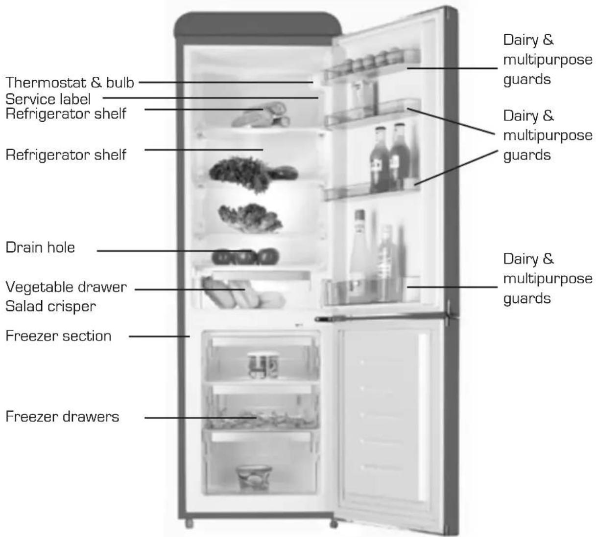 Thermostat & bulb Service label Refrigerator shelf Refrigerator shelf Drain hole Vegetable drawer Salad crisper Freezer section Freezer drawers Dairy & multipurpose guards Dairy & multipurpose guards Dairy & multipurpose guards